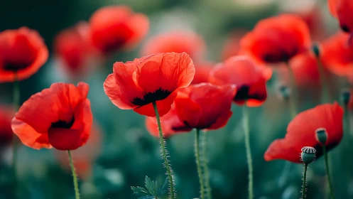 Red Poppies in Full Bloom with Blurred Background.