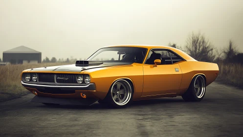 Yellow classic muscle car stands on rural road at dusk