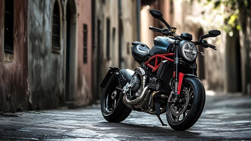 Matte black Ducati streetfighter motorcycle in narrow stone alley