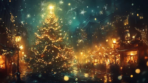 City square at night with illuminated Christmas tree.