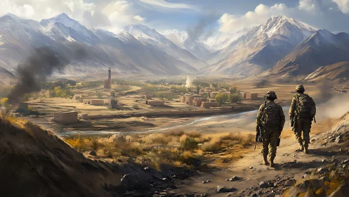 Soldiers descend toward a fragile valley village in war haze.