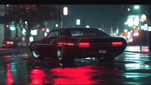 Muscle car glows on neon-soaked rainy city street at night.