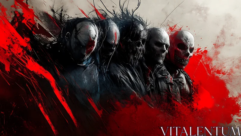 Row of skeletal figures in red and black abstract haze.