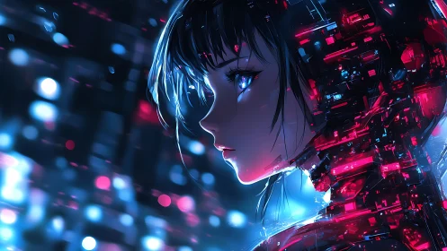 Neon cybernetic girl in luminous glitching cityscape profile.