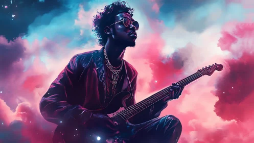 Guitarist rides neon clouds in dreamy synthwave haze.