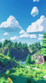 Low poly forest valley scene shows bright stylized landscape