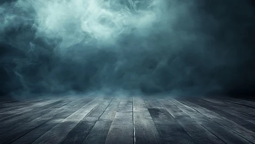 Moody wooden floor dissolving into dense teal fog bank.