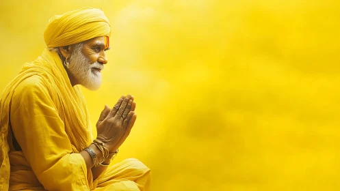 Golden-robed elder in sunlit prayer against saffron hush.