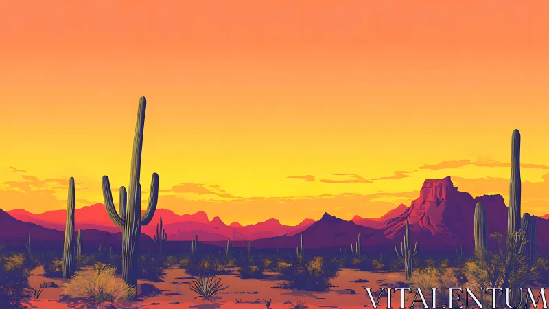 Colorful desert landscape with cacti under vivid sunset sky.