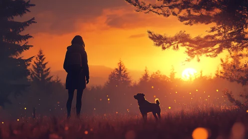 Sunlit wanderers pause in a firefly-sparked forest dusk.