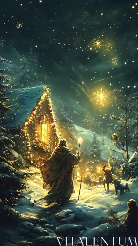 Digital painting of winter nativity procession at lit cottage.