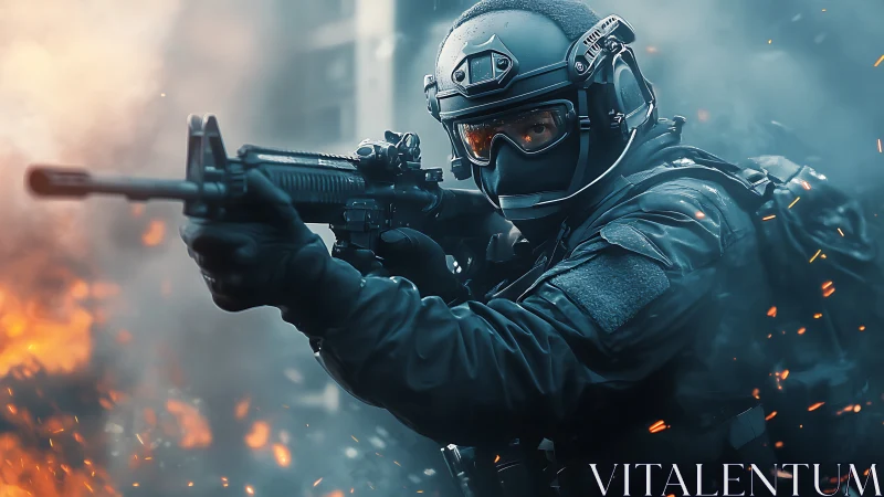 Helmeted tactical soldier aims rifle amid urban flames