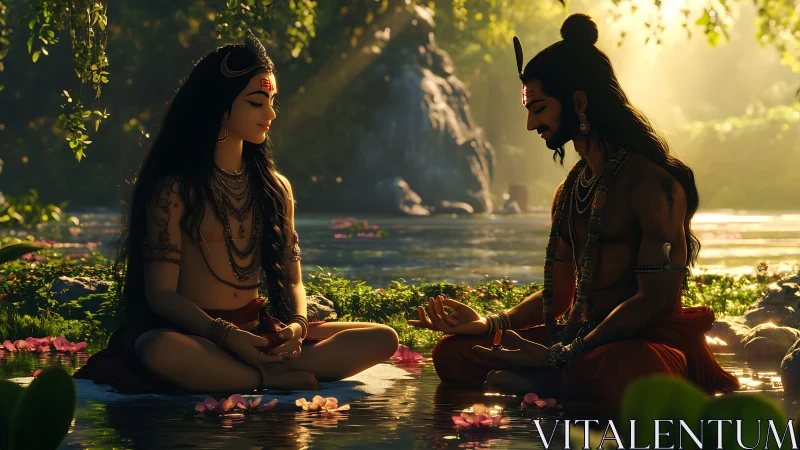 Sunlit riverbank meditation with stylized yogic couple in lotus