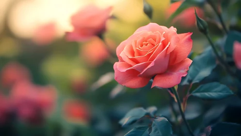 Coral Rose Bloom in Garden Light