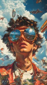 Young subject wearing reflective goggles observes aerial traffic