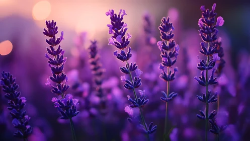 Purple Lavender Field with Bokeh Sunset - Macro Botanical Photography