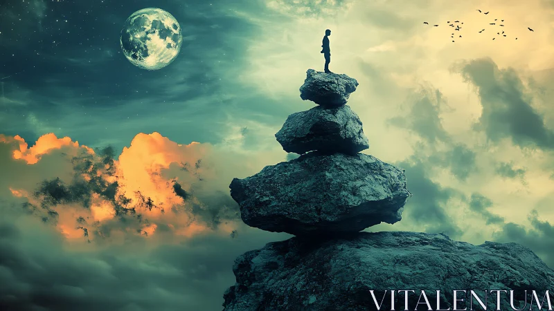 Silhouette stands atop stacked rocks beneath enlarged moon