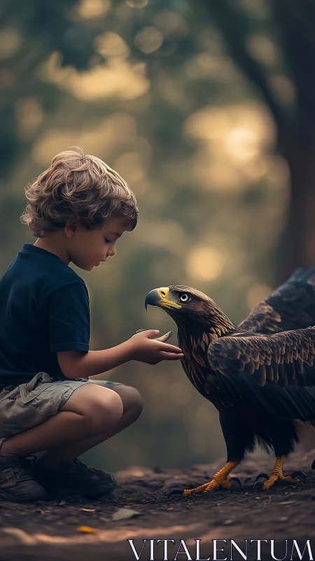 Quiet woodland moment between child and majestic eagle.