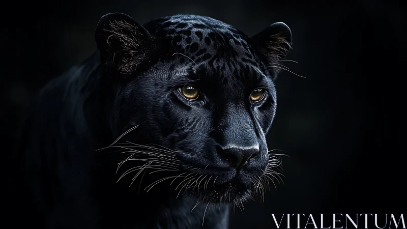 Black Panther Portrait with Luminous Amber Eyes Against Dark Background.