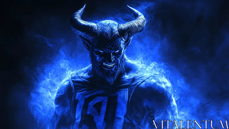 Horned blue demon athlete in electric smoke illumination.