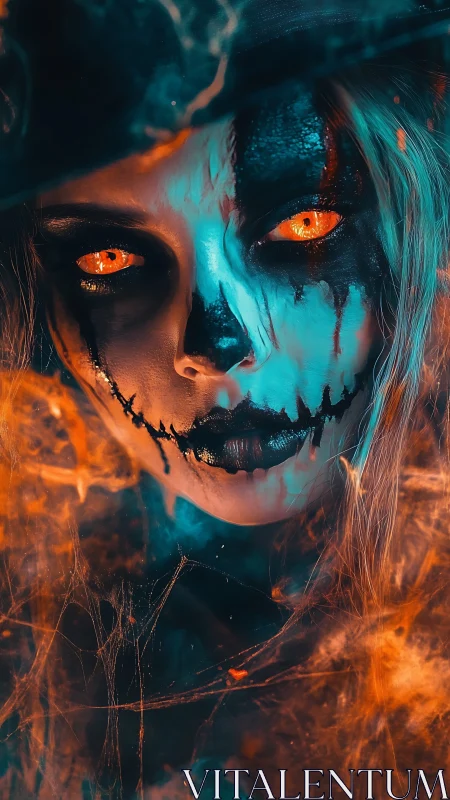 Close-up portrait with skull face paint and glowing eyes.