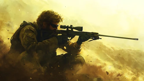 Sniper holds position in a storm of golden battlefield dust