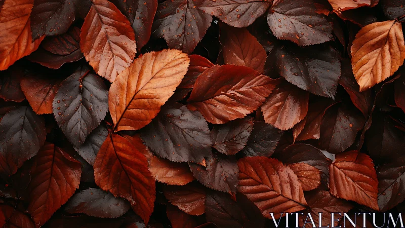 Coppery autumn leaves glisten under soft diffused light.