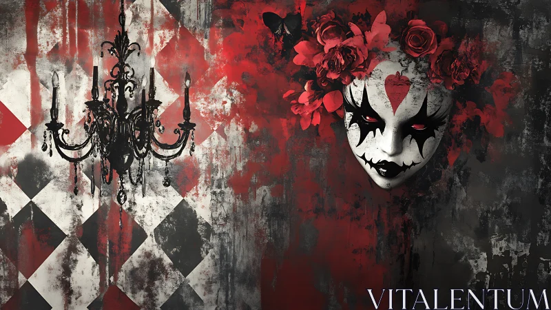 Digital painting of gothic harlequin mask and baroque chandelier.