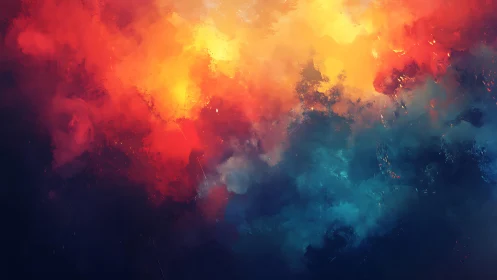 Vivid Abstract Cloudscape in Fiery Red and Deep Blue Tones.