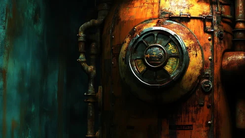 Rusty orange pressure door glows softly in teal shadows