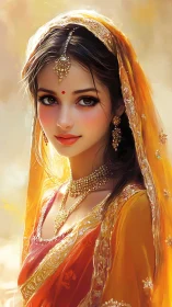 Digital portrait of jeweled woman in saffron bridal dupatta