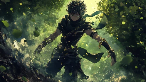 Forest rogue ignites emerald shadows in swirling lightstorm.