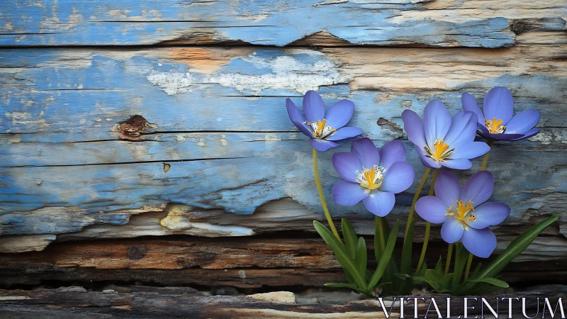 Violet Blooms Dance Against Weathered Blue Timber.