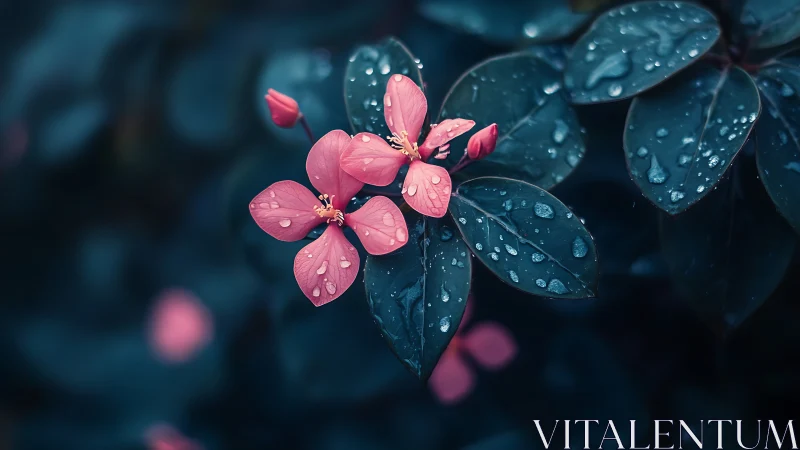 Pink Flowering Crabapple Blossoms with Hydrophobic Foliage Covered in Water Droplets