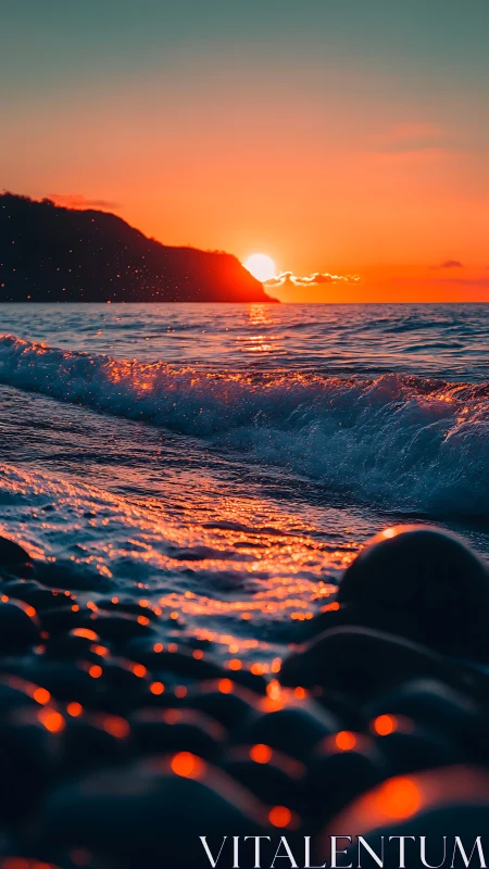 Sunset sparks on rolling waves and glowing shore stones.