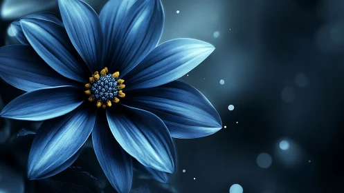 Blue Flower with Golden Center Against Dark Background.