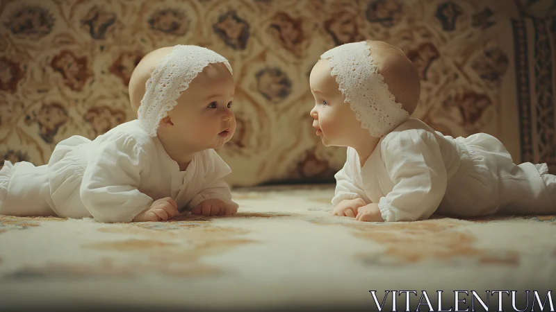 Twin Infants Crawling Face-to-Face on Ornate Floor
