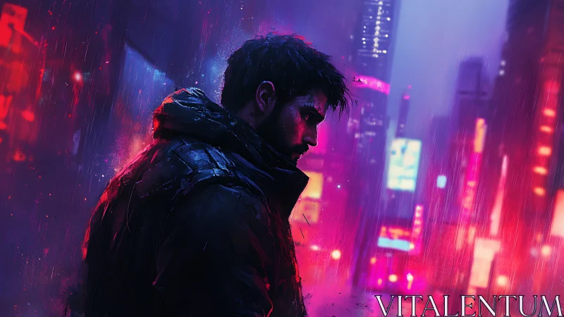 Neon rain loner prowls through glitch-bright cyber cityscape.