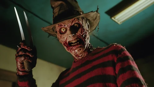 Disfigured clawed figure glares upward in dim indoor room