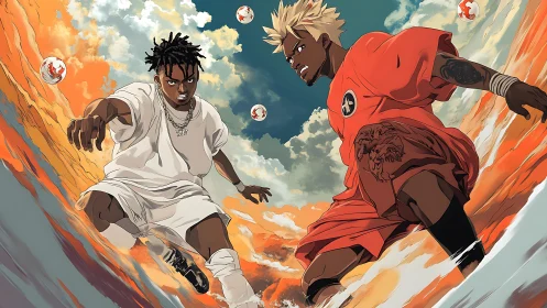 Kinetic anime duel with urban streetwear and fluid dynamics.