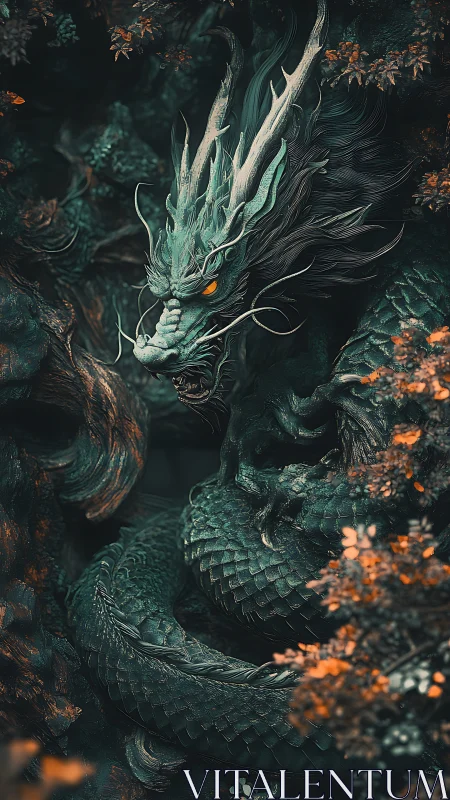 Coiled Emerald Dragon in Cinematic Vertical Digital Painting.
