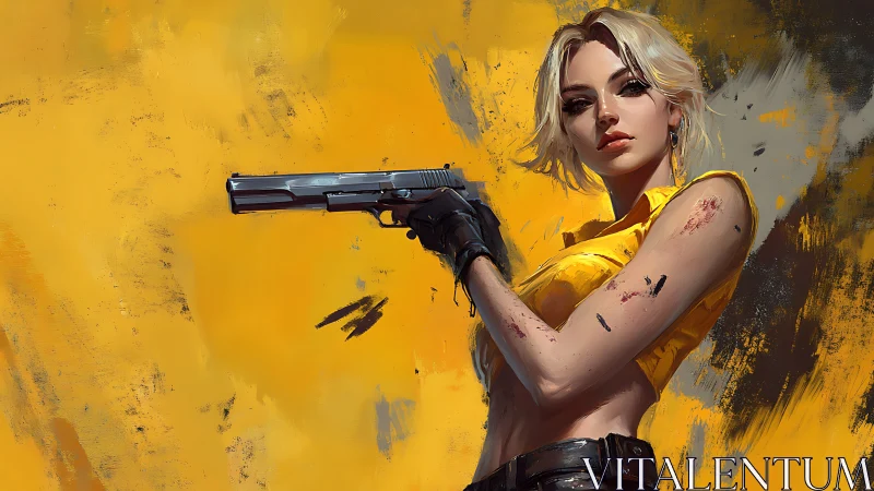 Blonde woman holding handgun against rough yellow abstract background