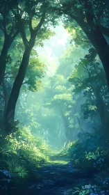 Sunlit forest path with layered canopy opening to diffused light