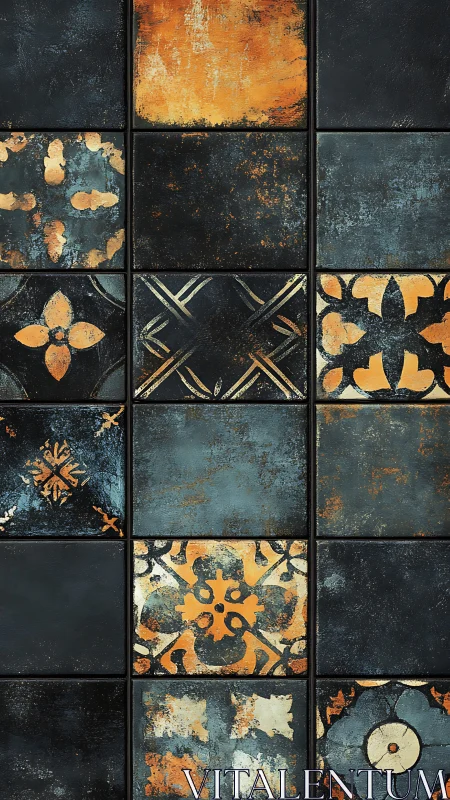 Rustic geometric wall tiles with distressed floral patterns.
