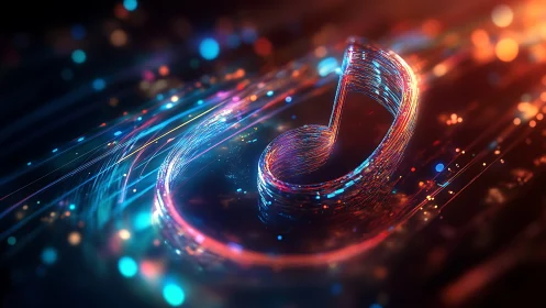 Glowing digital music note rendered in vibrant neon trails