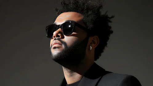 Stylish man in sunglasses gazes upward in dramatic light