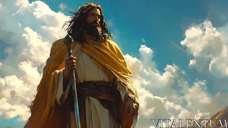 Digital painting of robed prophet against luminous sky backdrop.