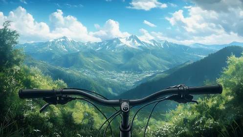 Bicycle handlebars frame mountain valley vista with snow peaks