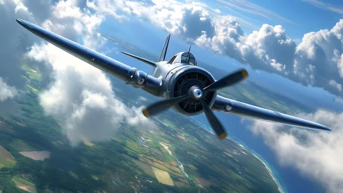Silver warbird slices through cloud canyons above the coast