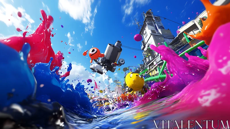 Vibrant paint creatures erupt in a kinetic urban splashscape
